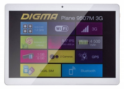 Планшет Digma Plane 9507M 3G MT8321 (1.3) 4C/RAM1Gb/ROM8Gb 9.6" IPS 1280x800/3G/Android 5.1/белый/2Mpix/0.3Mpix/BT/GPS/WiFi/Touch/microSD 32Gb/minUSB/4500mAh