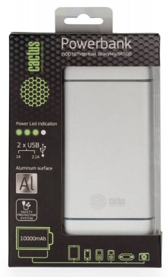 Мобильный аккумулятор Cactus CS-PBMS029-10000AL Li-Pol 10000mAh 2.1A+1A серебристый 2xUSB