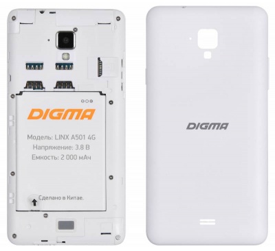Смартфон Digma LINX A501 4G 8Gb 1Gb белый моноблок 3G 4G 2Sim 5" 480x854 Android 5.1 5Mpix WiFi BT GPS GSM900/1800 GSM1900 TouchSc MP3 A-GPS microSDHC max128Gb