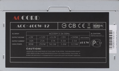 Блок питания Accord ATX 400W ACC-400W-12 (24+4pin) 120mm fan 4xSATA
