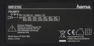 Блок питания Hama NB Uni8 12102 70W 15V-24V 8-connectors от бытовой электросети